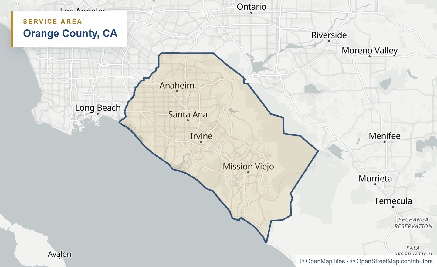 Road map of Orange County highlighting the county boundary, coast, Anaheim, Santa Ana, Irvine, and Mission Viejo